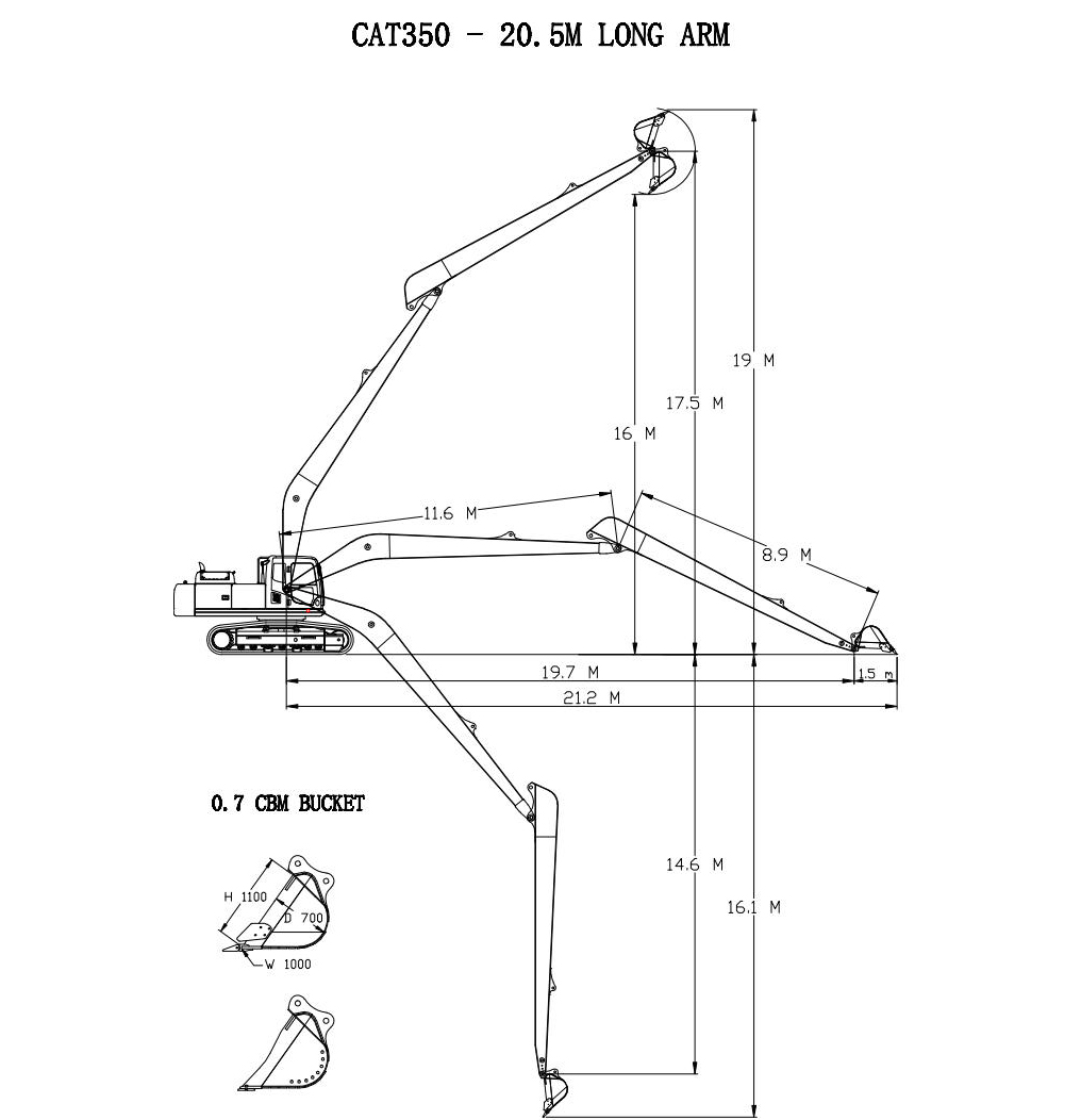 CAT350 20.5m 16.1m excavation depth, is suitable for excavation/leveling, and demolition work